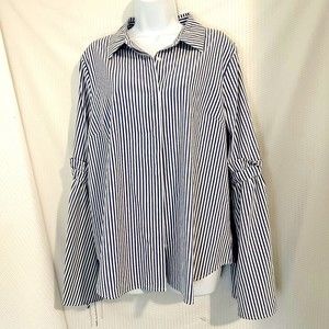 Forever 21 Blue White Striped Blouse Top Tie Sleeves Buttons Womens Size Large